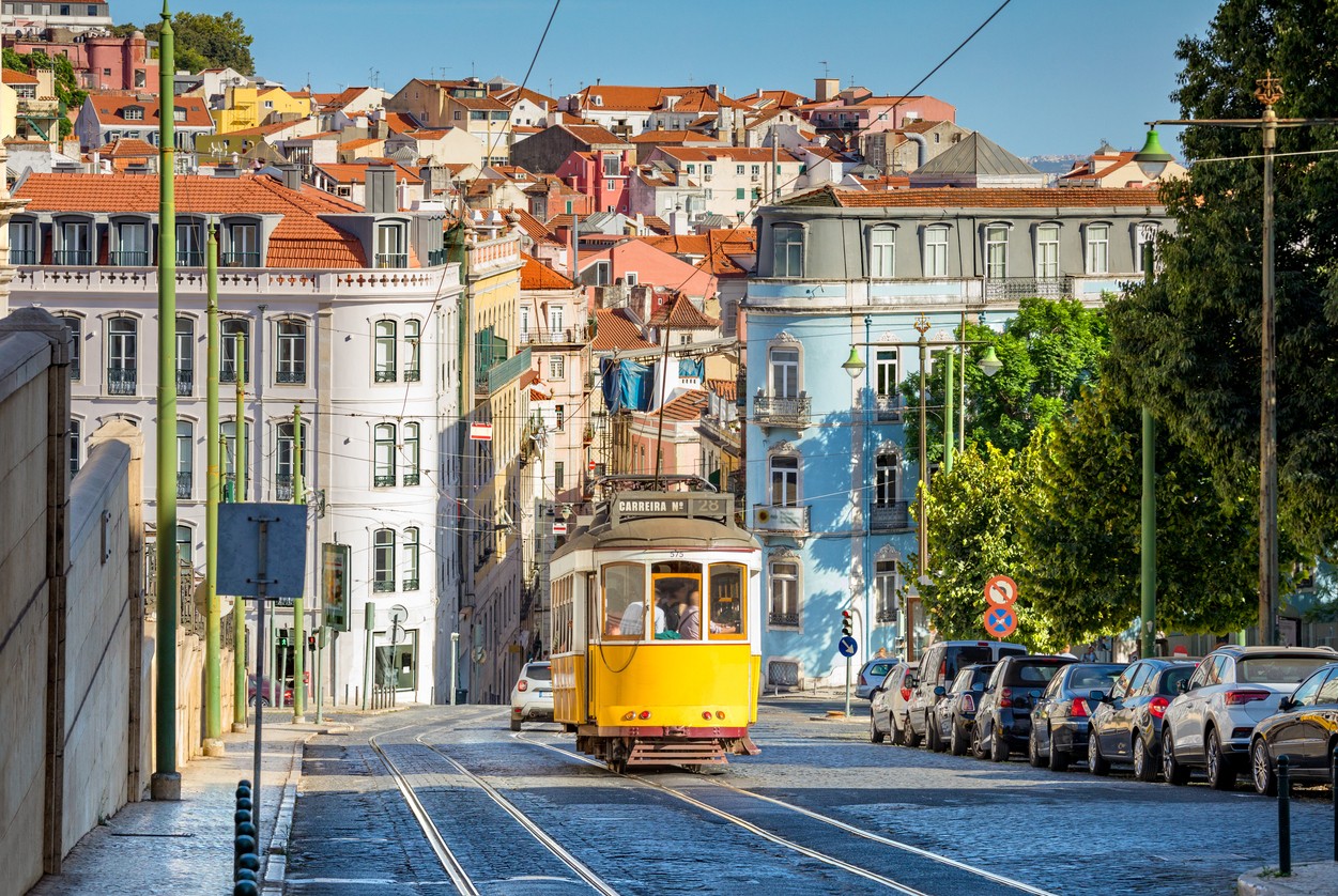 tram on line 28 in lisbon
